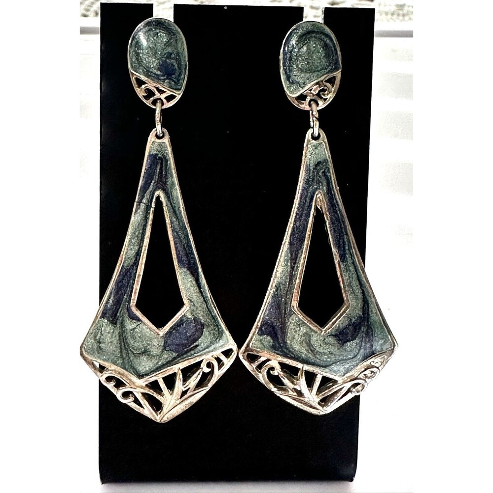Vintage Edgar Berebi Enamel Dangle Earrings Green Blue Art Deco